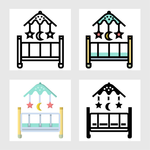 婴儿摇篮图标矢量设计在填充，细线，轮廓和平坦的风格。图片下载