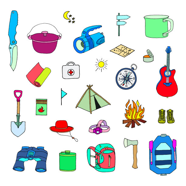 一组矢量元素的旅游和露营在一个白色的背景。图片下载