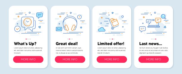 一组商业图标，如推车，时钟，耳机符号。网络聊天线图标。向量图片下载