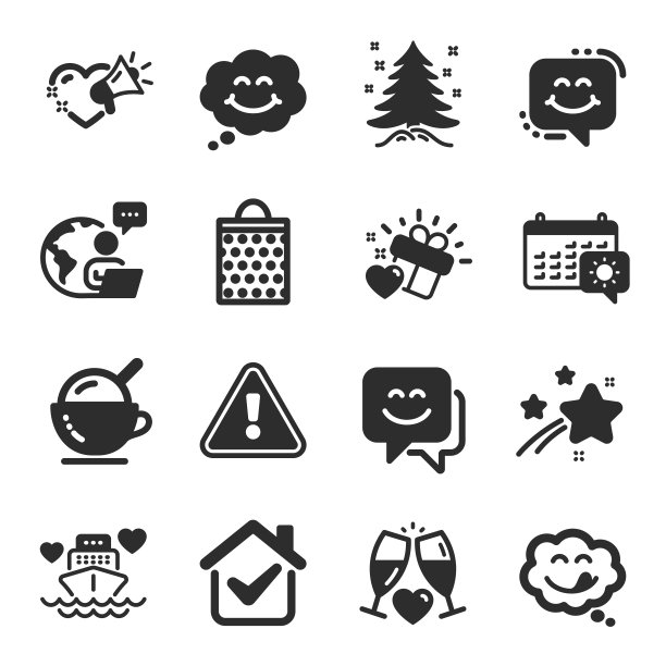 一套假日图标，如购物袋，婚礼眼镜，微笑聊天符号。向量图片下载