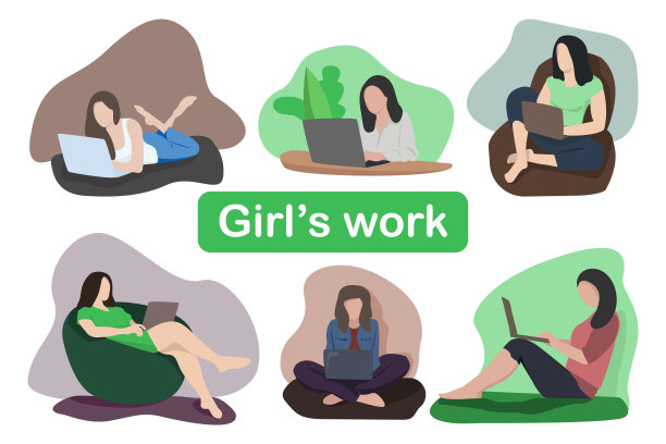 一组工作女孩在笔记本电脑上。工作被隔离。平的风格。在轻松的氛围中工作，在舒适的环境中工作，在方便的工作场所工作。向量图片下载