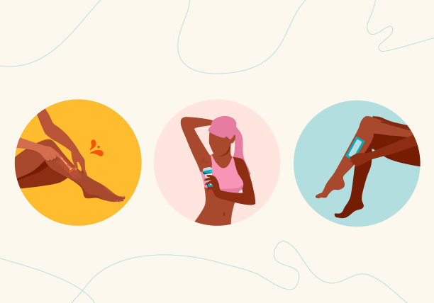 脱毛的概念。选择剃须，脱毛和脱毛。双手带有剃刀和条纹，使女性的腿如丝般柔滑。卫生和美丽。电动剃须刀和腋窝。图片下载