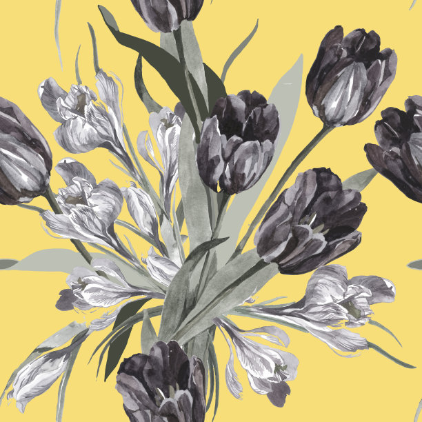 郁金香和番红花灰色预算水彩在黄色背景无缝模式的所有印花。图片下载