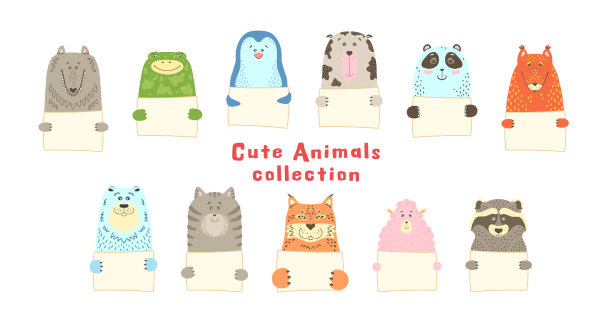 可爱的卡通动物持空白标志与复制空间。设置贺卡横幅邀请传单小册子。卡通手绘风格。小宠物与标志信息板图片下载