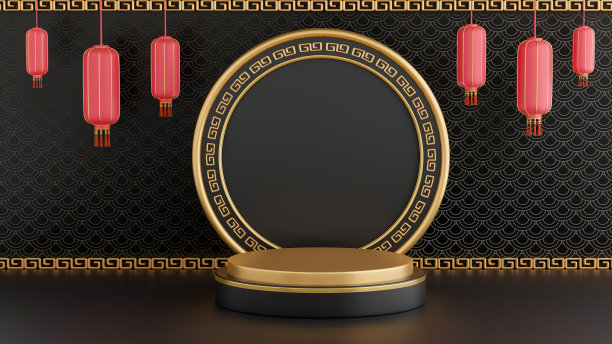 3d渲染黑色裙楼中式装饰产品展示图片下载