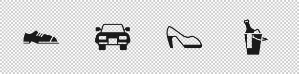 Set Men shoes, Car, Woman and Bottle of wine in bucket icon。向量图片下载