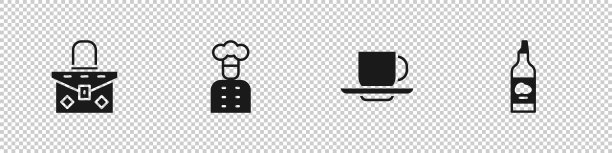 设置手提包，意大利厨师，咖啡杯和瓶橄榄油图标。向量图片下载