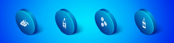 设置等距葡萄果实，咖啡豆，瓶酒和橄榄油图标。向量图片下载