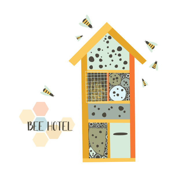 蜜蜂酒店。有隔间和自然组件的木屋。房子在花园里为昆虫。平面向量插图。完美的海报，印刷图片下载