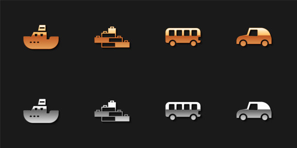 设置玩具船，积木砖，巴士玩具和汽车图标。向量图片下载