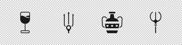 设置酒杯，海王星三叉戟，古代双耳瓮和图标。向量图片下载
