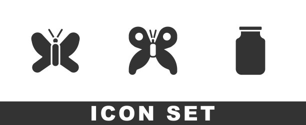 设置蝴蝶，玻璃罐图标。向量图片下载
