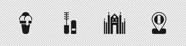 设置冰淇淋，睫毛刷，米兰大教堂和地点旗帜意大利图标。向量图片下载