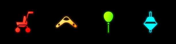 设置婴儿推车，回旋镖，气球与丝带和旋转玩具图标。向量图片下载