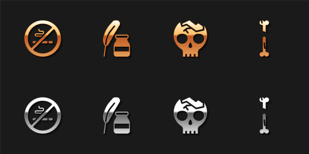 设置禁止吸烟，羽毛和墨水瓶，碎人头骨和人碎骨的图标。向量图片下载