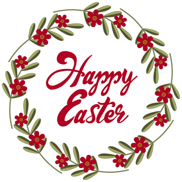 短信贺卡复活节快乐。花框架与红色的花和叶图片下载