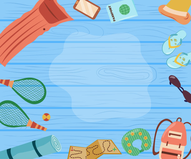 旅行项目框架在木制背景。环游世界的物品。平面设计风格的矢量插画集合，规划一个暑假、旅游和旅行的对象图片下载
