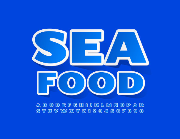 矢量鲜艳的象征海鲜。蓝色和白色贴纸字母和数字。图片下载