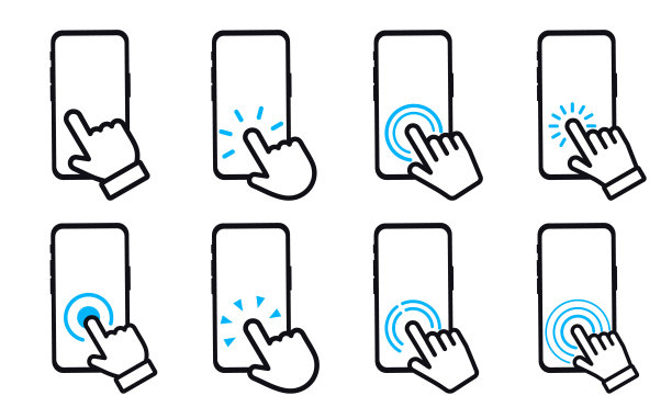 一套智能手机触摸屏图标。手持触摸屏智能手机。点击智能手机。智能手机屏幕，用手触摸。手机与点击光标。图片下载