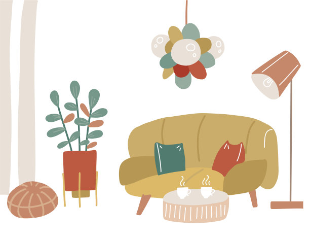 黄色沙发，茶几，吊灯，落地灯，搁脚凳和植物。舒适的客厅或公寓家具时髦的斯堪的纳维亚风格。平面向量插图。图片下载