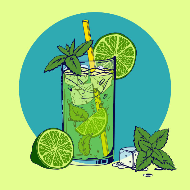 抽象矢量插图柠檬水，莫吉托，清爽鸡尾酒，柑橘汁。装有透明饮料、吸管、青柠块和冰块的玻璃杯。色彩丰富的图像在草图风格上明亮的背景。图片下载