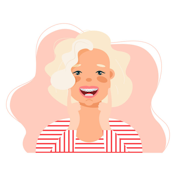 矢量卡通插图的特写，一个微笑的年轻可爱的女孩的脸与牙套在他的牙齿。“n”n图片下载