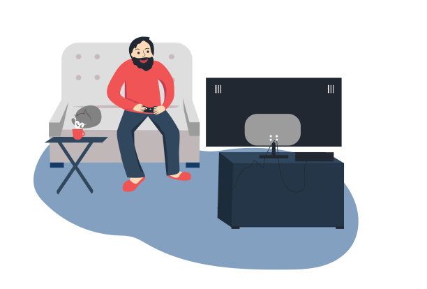 青年男子坐在沙发上和猫一起玩电子游戏矢量插画，用于广告、装饰、网页设计等图片下载