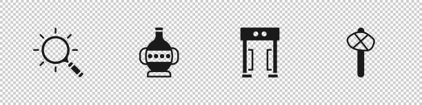 设置放大镜，古代双耳罐，金属探测器和石器时代的锤子图标。向量图片下载