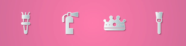 设置剪纸火炬火焰，灭火器，国王皇冠和画笔图标。纸艺术风格。向量图片下载