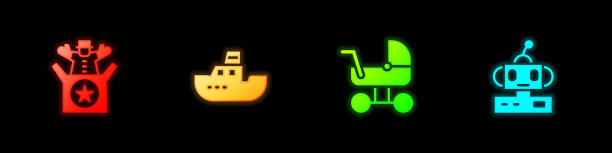把杰克放在盒子里的玩具，玩具船，婴儿推车和机器人图标。向量图片下载
