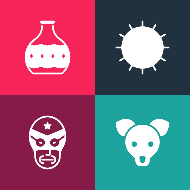 设置流行艺术狗，墨西哥摔跤手，太阳和龙舌兰瓶图标。向量图片下载