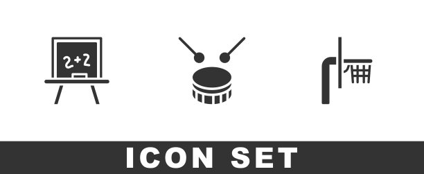 设置黑板，鼓与鼓棒和篮球篮板图标。向量图片下载