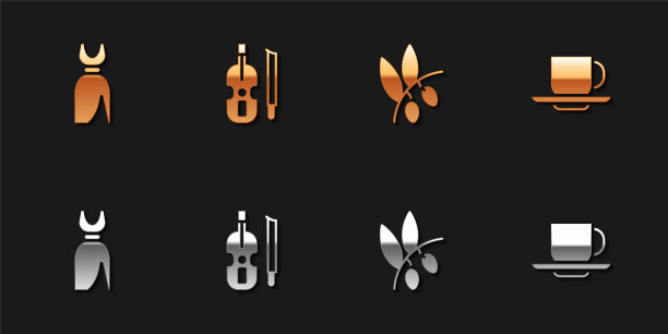 设置女人的服装，小提琴，橄榄树枝和咖啡杯图标。向量图片下载