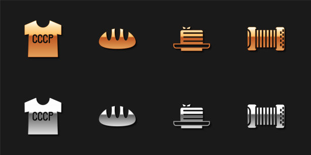 苏联t恤，面包，Medovik和手风琴图标。向量图片下载