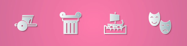 集剪纸古战车，圆柱，希腊三重奏和喜剧和悲剧面具图标。纸艺术风格。向量图片下载