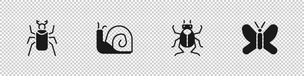 设置甲虫虫，蜗牛和蝴蝶图标。向量图片下载