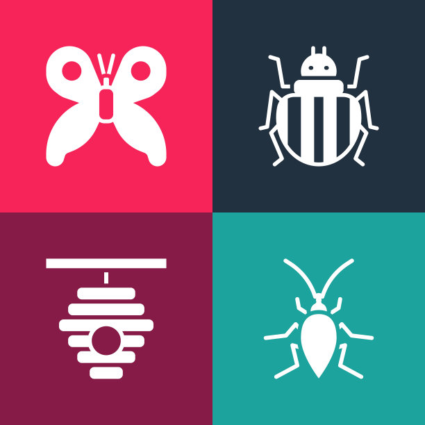 设置流行艺术蟑螂，蜂巢蜜蜂，科罗拉多甲虫和蝴蝶图标。向量图片下载