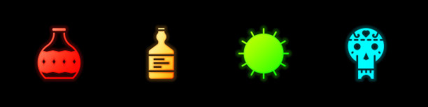 集龙舌兰酒瓶，太阳和墨西哥骷髅图标。向量图片下载