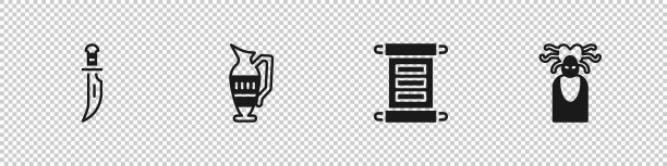 Set Dagger, Ancient amphorae，法令，羊皮纸，卷轴和美杜莎Gorgon图标。向量图片下载