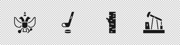 设置俄罗斯国徽，冰球和冰球，桦树和油泵或油泵千斤顶图标。向量图片下载