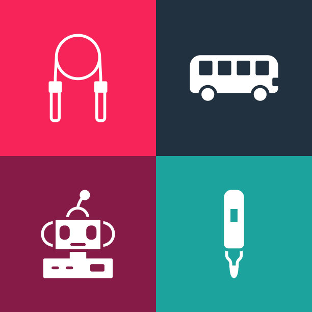 设置流行艺术记号笔，机器人玩具，巴士和跳绳图标。向量图片下载