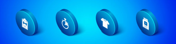 设置等角运动训练计划，t恤，运动营养和秒表图标。向量图片下载