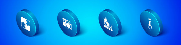 设置等距拼图玩具，轮滑，铲子和照片相机图标。向量图片下载