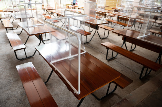 餐厅餐桌塑料隔断组，减少和保护COVID-19病毒在大流行期间的传播。图片下载