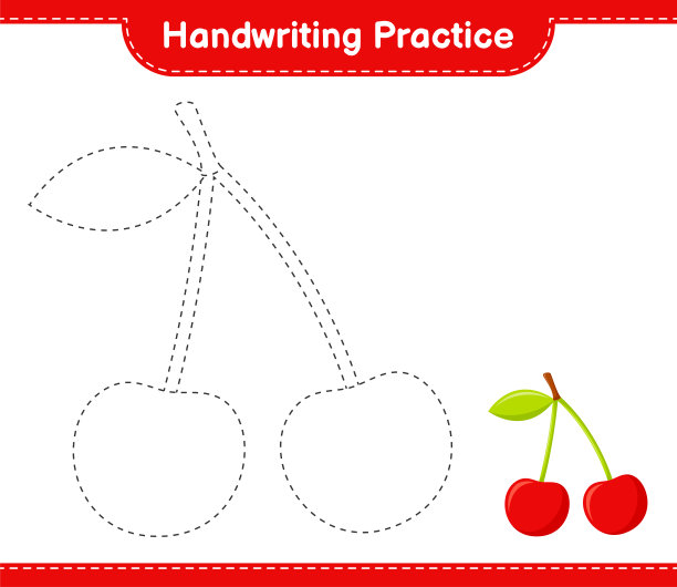 书法练习。描画樱桃的线条。教育儿童游戏，可打印的工作表，矢量插图图片下载