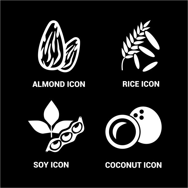 食物图标。大豆，杏仁，椰子，大米图标。图片下载