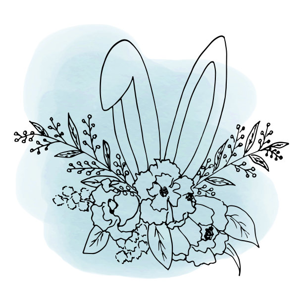 一个复活节花束的草图和一个突出的耳朵的兔子。矢量插图风格的线描手绘在白色的背景上孤立黑线。图片下载
