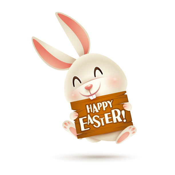 复活节兔子和快乐复活节的招牌在手。孤立。图片下载