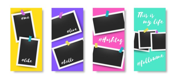 社交媒体可编辑的故事框架。印有时刻照片的横幅。照片贴在胶带上。彩色模板集用于网络与复制空间。向量快照模型图片下载