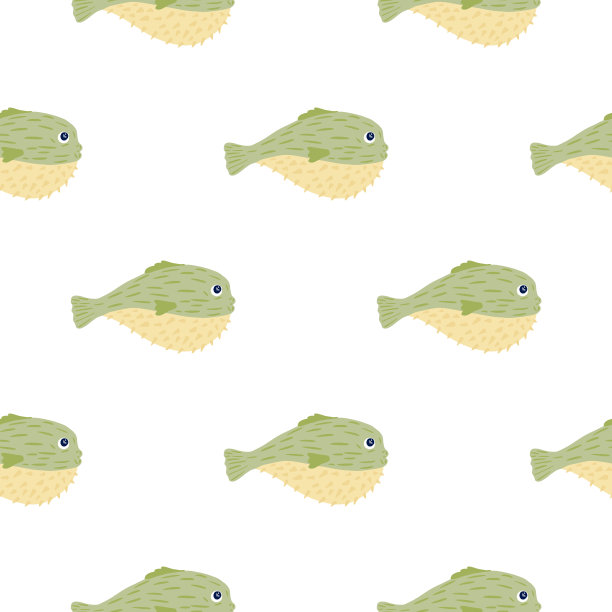 孤立无缝图案与绿色河豚鱼点缀。白色背景。水下河豚背景。图片下载